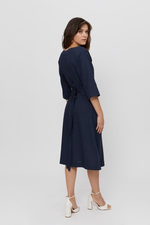 Mane | Elegant Midi Dress with Kimono Belt in Black-Blue from AYANI