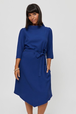 Suzi | Belted Angle Dress with Boat Neckline in Midnight Blue from AYANI