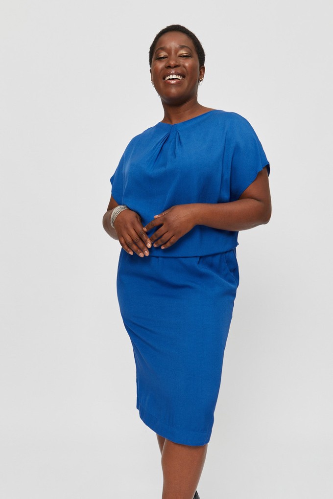 Amy | Midi Dress with Pencil Skirt and Neckline Detail in Classic Blue from AYANI