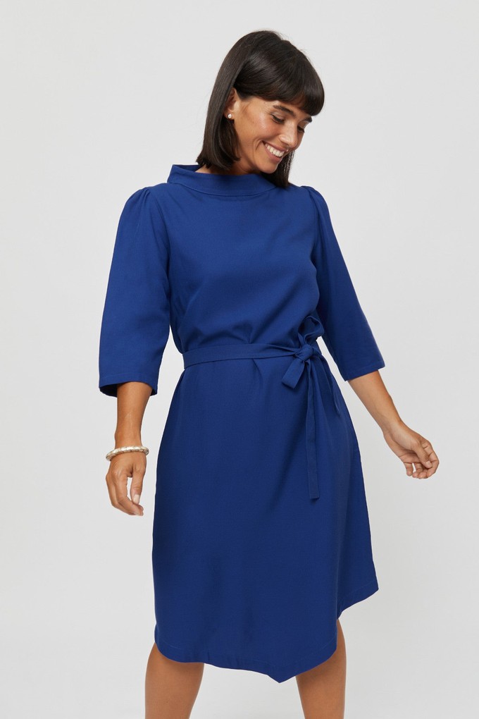 Suzi | Belted Angle Dress with Boat Neckline in Midnight Blue from AYANI