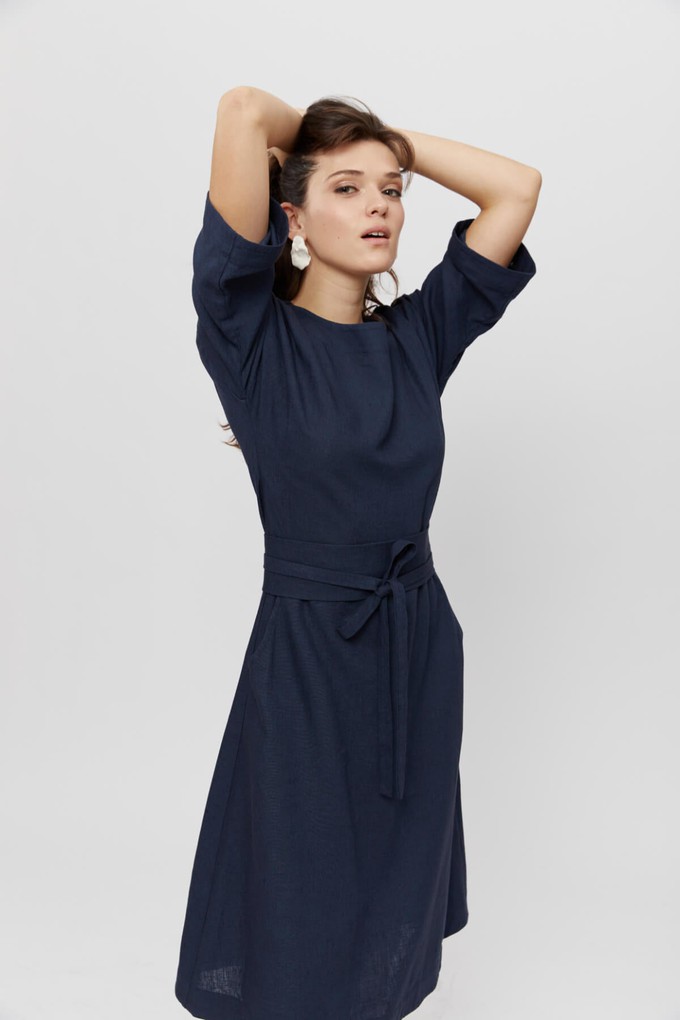 Mane | Elegant Midi Dress with Kimono Belt in Black-Blue from AYANI