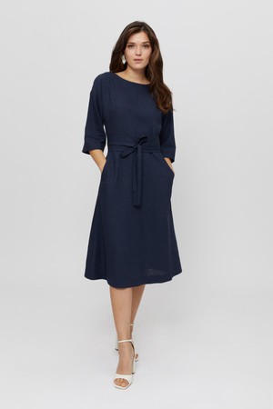 Mane | Elegant Midi Dress with Kimono Belt in Black-Blue from AYANI