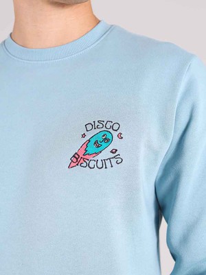 Disco Trip Embroidered Mens Sweatshirt, Organic Cotton, in Light Blue from blondegonerogue