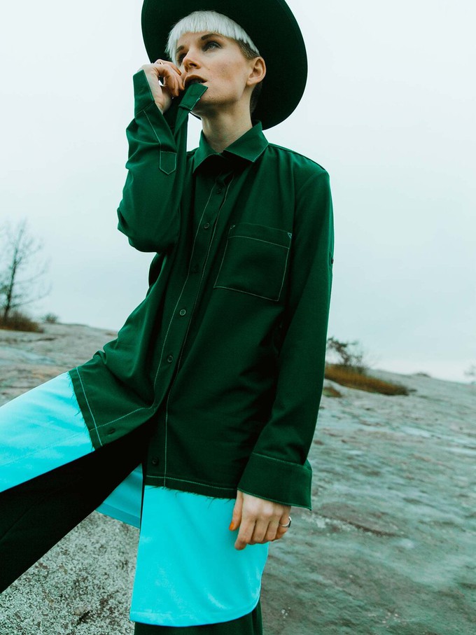 Raw Edge Oversized Shirt, Viscose, in Green & Light Blue from blondegonerogue