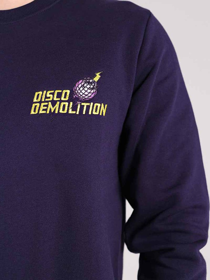 Disco Demolition Embroidered Mens Sweatshirt, Organic Cotton, in Navy from blondegonerogue
