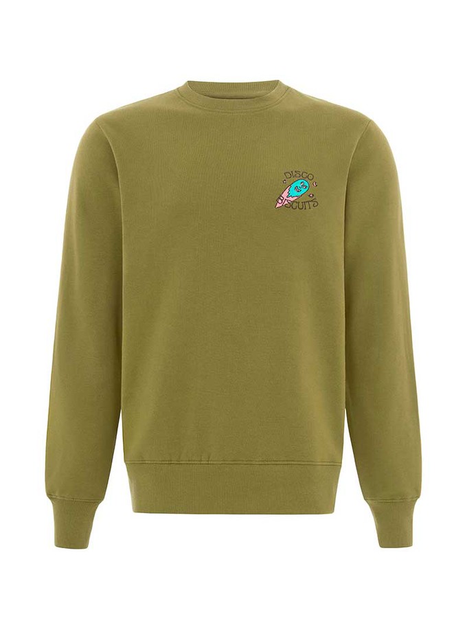 Disco Trip Embroidered Mens Sweatshirt, Organic Cotton, in Khaki Green from blondegonerogue