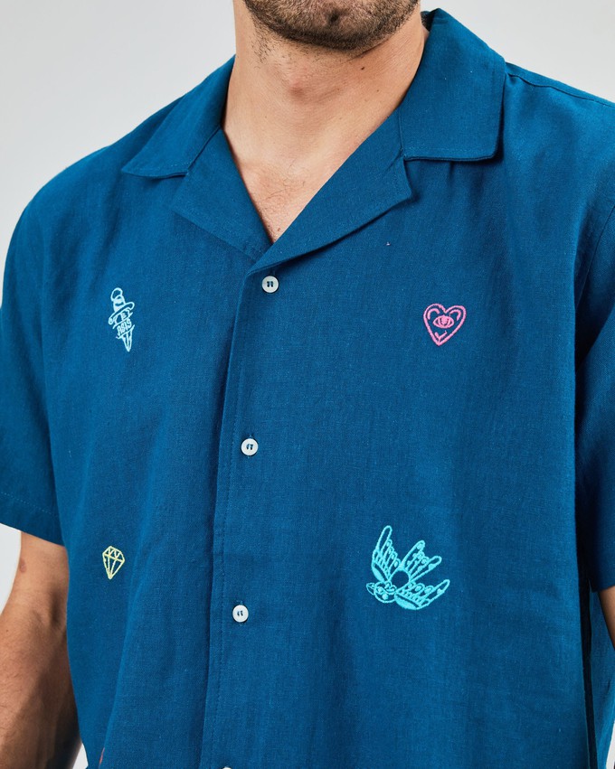 Asis Percales embroidery Aloha Shirt Blue from Brava Fabrics