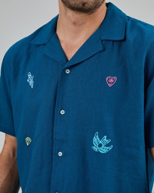 Asis Percales embroidery Aloha Shirt Blue from Brava Fabrics