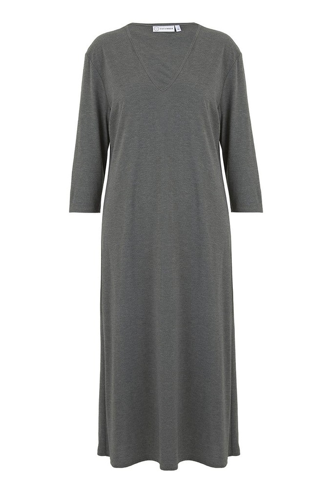 V Neck Three Quarter Sleeve Dress in Moss from Cucumber Clothing