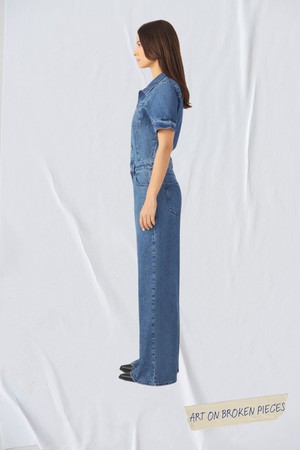 TWITTER Minimal Stretch - Short Sleeve Overall - Medium Blue - Art on Broken Pieces from DAWN Denim