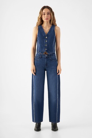 ASTRA Minimal Stretch - fitted frayed denim vest - Dark Blue from DAWN Denim