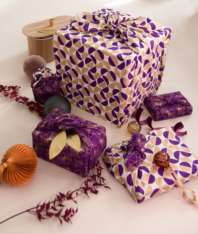 Gold Moons & Plum Diamonds Fabric Gift Wrap Furoshiki Cloth - Double Sided (Reversible) from FabRap