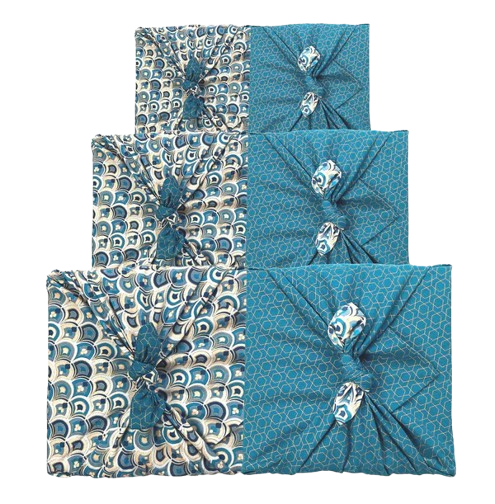 Furoshiki Gift Wrap - 3 Pack (Sizes S, M & L) Double Sided Bundle - Art Deco & Ocean (Teal Blue) from FabRap