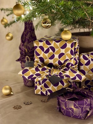 Furoshiki 12 Piece Style Bundle - Plum Diamonds & Gold Moons from FabRap