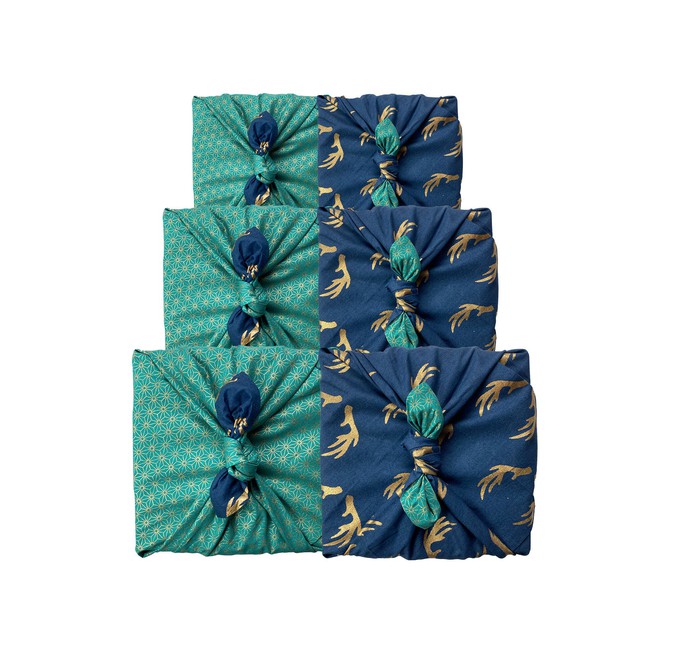 Jade and Midnight Reindeer Fabric Gift Wrap Furoshiki Cloth - Double Sided (Reversible) from FabRap