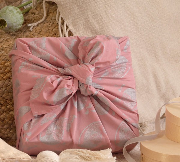 Furoshiki Gift Wrap - 3 Pack (Sizes Small, Medium & Large) Single Sided Bundle - Blush with Silver Whales from FabRap