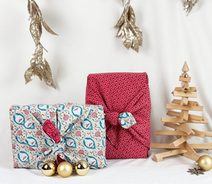 Furoshiki Gift Wrap - 3 Pack (Sizes S, M & L) Double Sided Bundle - Teal & Cherry from FabRap