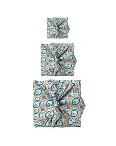 Furoshiki Gift Wrap - 3 Pack (Sizes Small, Medium & Large) Single Sided Bundle - Teal Indian Floral via FabRap