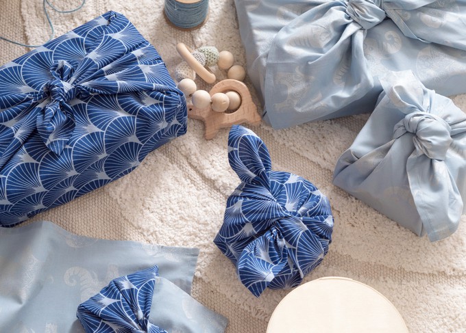 Furoshiki Gift Wrap - 3 Pack (Sizes S, M & L) Double Sided Bundle - Sky & Indigo Fans from FabRap