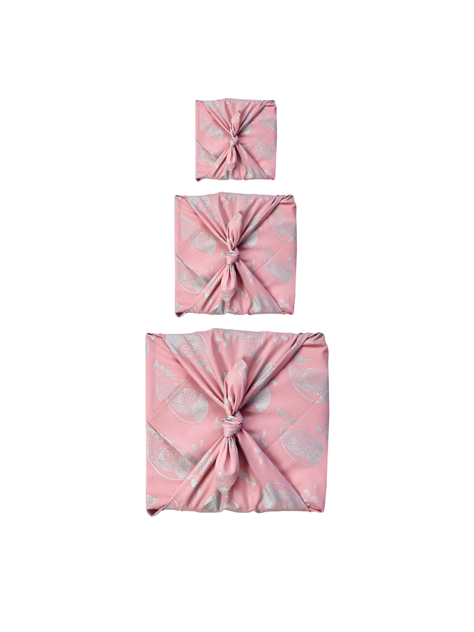 Furoshiki Gift Wrap - 3 Pack (Sizes Small, Medium & Large) Single Sided Bundle - Blush with Silver Whales from FabRap