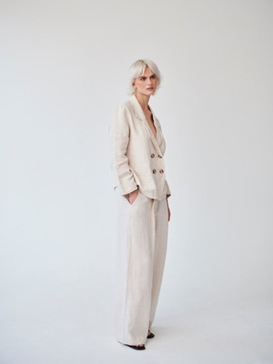 Ethically Made Beige Linen Suit Plain with Wide Leg Trouser from Fanfare Label