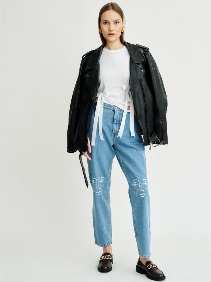 Neo Knee High Waisted Organic Mom Fit Embroidered Jeans from Fanfare Label