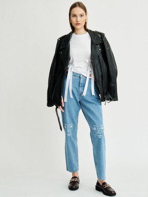 Neo Knee High Waisted Organic Mom Fit Embroidered Jeans from Fanfare Label