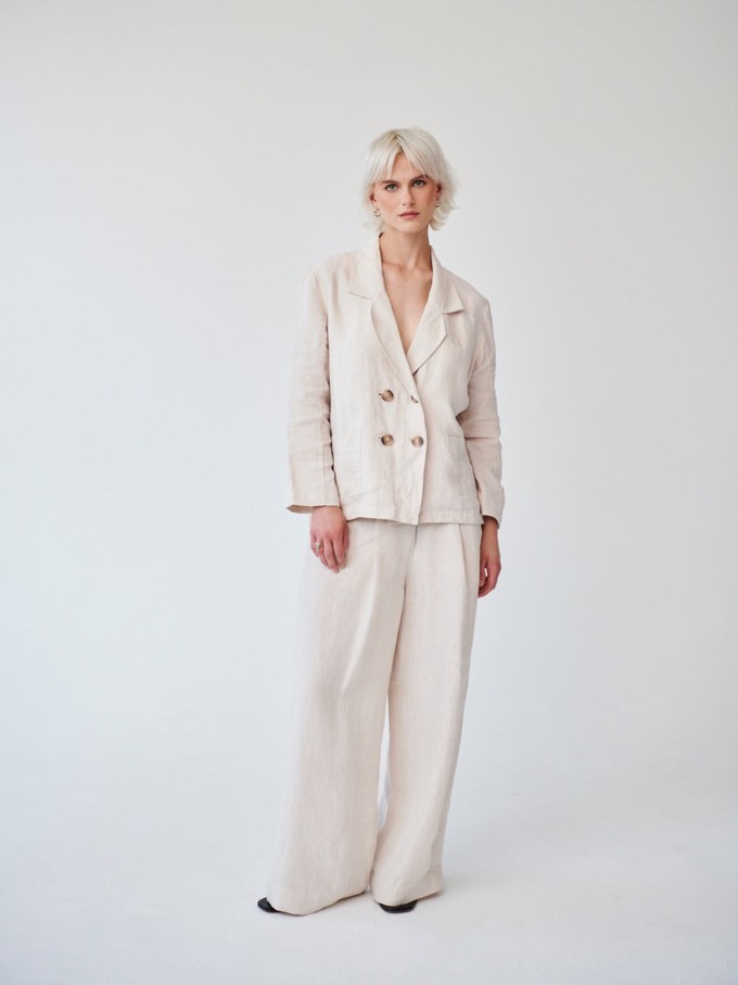 Ethically Made Beige Linen Suit Plain with Wide Leg Trouser from Fanfare Label