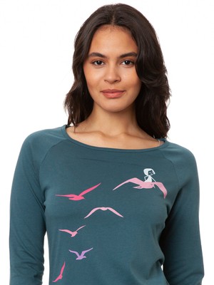 Raglan Longsleeve Möwenflug atlantic teal from FellHerz T-Shirts - bio, fair & vegan