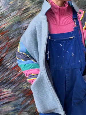 Our "STRIPES SKY BLUE" Blankets Made Collar COAT - M from Fitolojio Workshop Our "STRIPES SKY BLUE" Blankets Made Collar COAT - M from Fitolojio Workshop