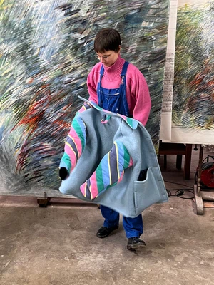 Our "STRIPES SKY BLUE" Blankets Made Collar COAT - M from Fitolojio Workshop Our "STRIPES SKY BLUE" Blankets Made Collar COAT - M from Fitolojio Workshop