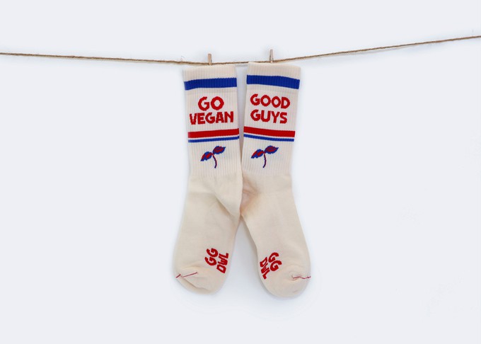 "Go Vegan" crew socks | RED/BLUE/ECRU & GREEN/WHITE from Good Guys Go Vegan