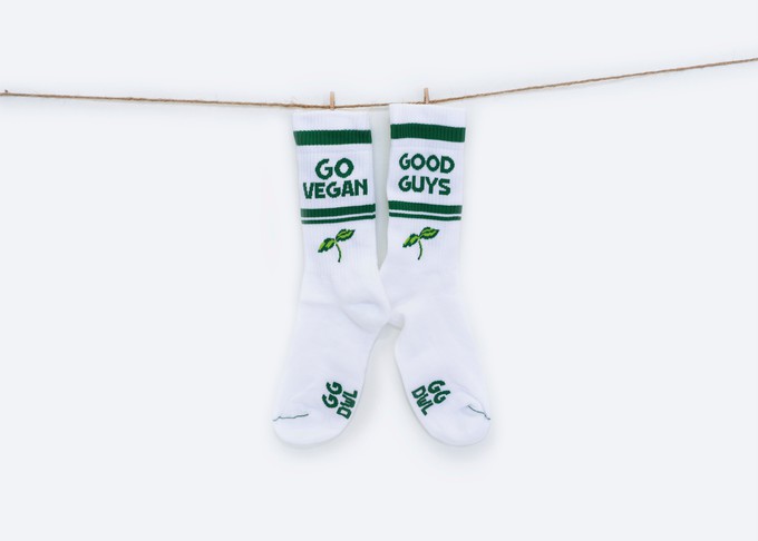 "Go Vegan" crew socks | RED/BLUE/ECRU & GREEN/WHITE from Good Guys Go Vegan