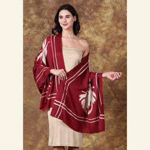 Hand-Painted Wool-Silk Scarf – Deep Burgundy with Soft Nude Floral Accents from Heritage Moda