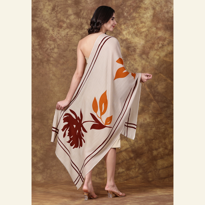 Luxury Wool-Silk Scarf – Hand-Painted Sand with Rust & Amber Floral Accents from Heritage Moda