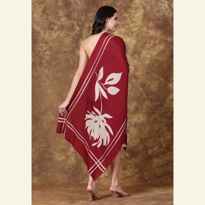 Hand-Painted Wool-Silk Scarf – Deep Burgundy with Soft Nude Floral Accents from Heritage Moda