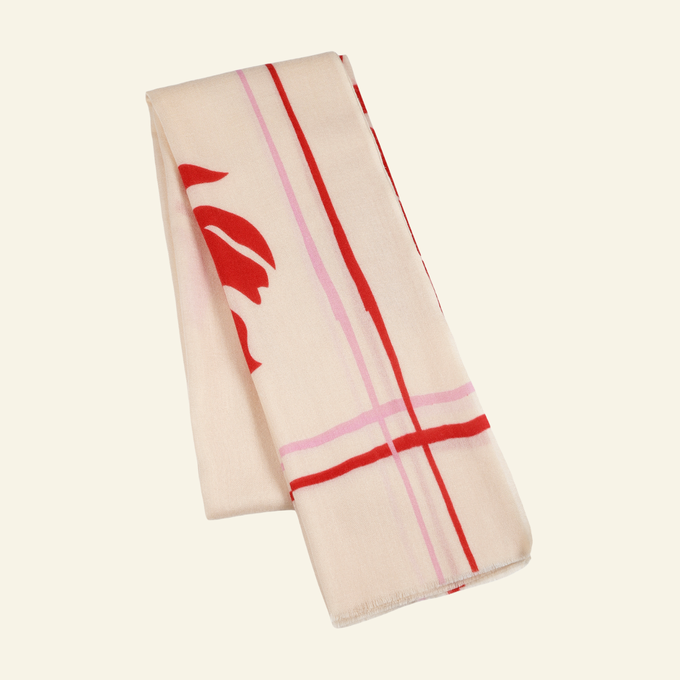 Luxury Wool-Silk Scarf – Hand-Painted Ivory with Red & Pink Floral Design from Heritage Moda