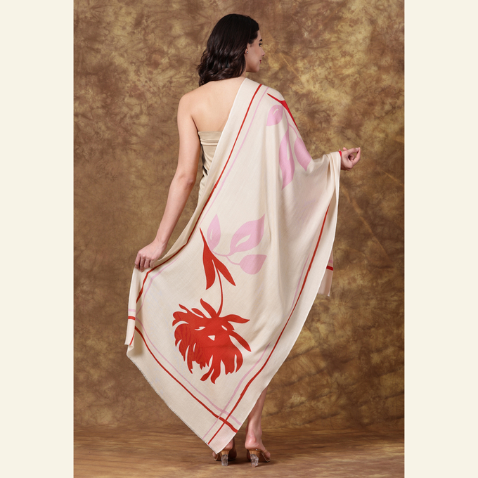Luxury Wool-Silk Scarf – Hand-Painted Ivory with Red & Pink Floral Design from Heritage Moda