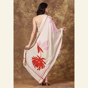 Luxury Wool-Silk Scarf – Hand-Painted Ivory with Red & Pink Floral Design from Heritage Moda