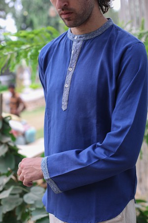 Hemp & Organic Cotton Kurtha - Blue Long sleeve shirt from Himal Natural Fibres