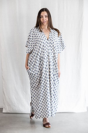 Organic Cotton Kaftan Dress Rishi Ikat White from Jyoti - Fair Works