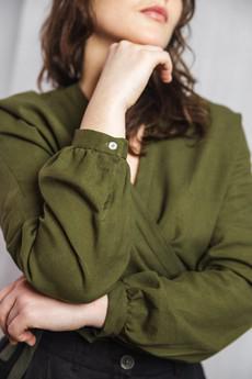 Cotton wrap blouse Harita moss green via Jyoti - Fair Works