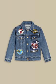 KIDS JACKET | BIO STRETCH BLUE BADGE ALLOVER via Kings of Indigo