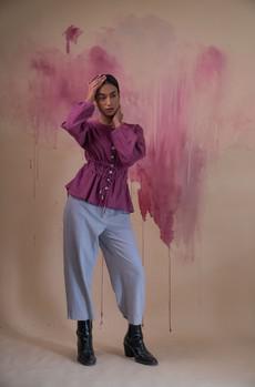 Phosphene Ruched Blouse & Grey Pants Set via Lafaani