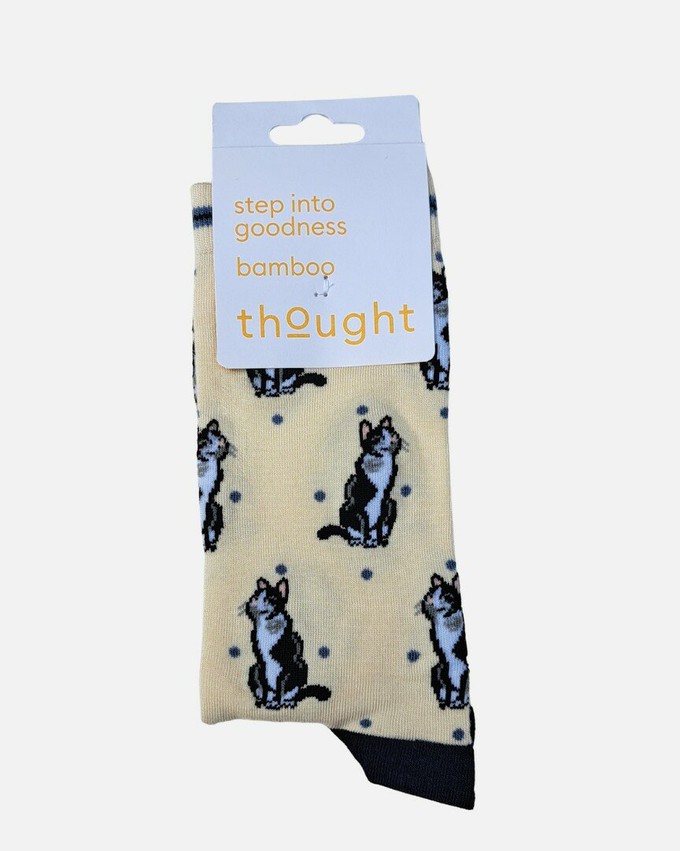 Thought bamboe herensokken met tuxedo katten stone white from Lotika