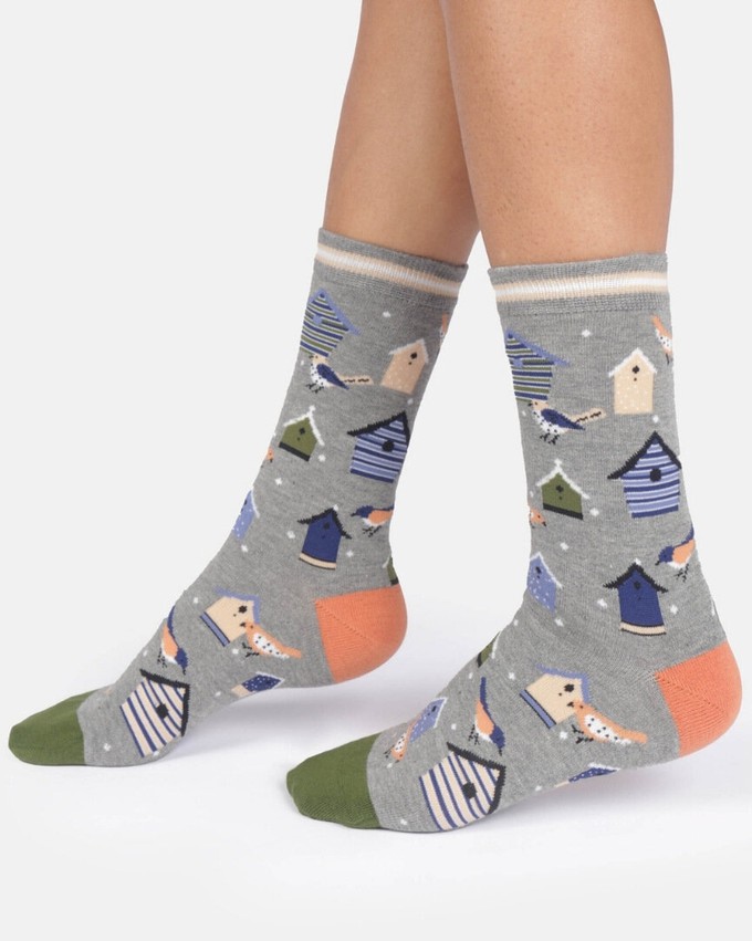 Thought katoenen damessokken met vogelhuisjes grey marl from Lotika