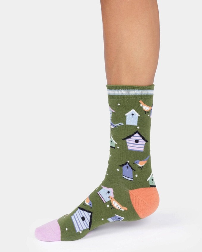 Thought katoenen damessokken met vogelhuisjes olive green from Lotika