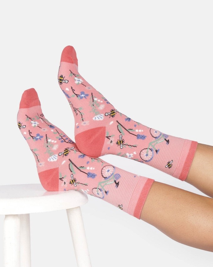 Thought katoenen damessokken met fiets cherry blossom pink from Lotika