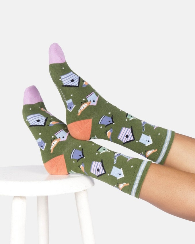 Thought katoenen damessokken met vogelhuisjes olive green from Lotika