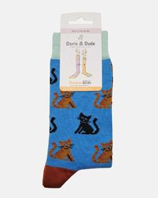 Doris & Dude bamboe damessokken met katten blauw via Lotika